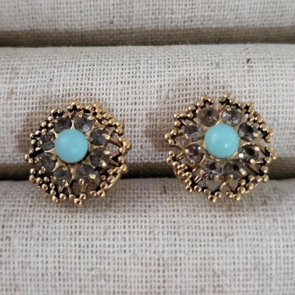 Stella & Dot Marchesa Earrings Large Art Deco Studs Torquoise & Gold Earrings - Picture 1 of 8